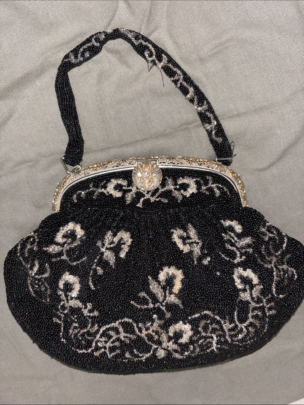 Vintage Art Deco Black Seed Bead Floral Evening Bag Filigree frame